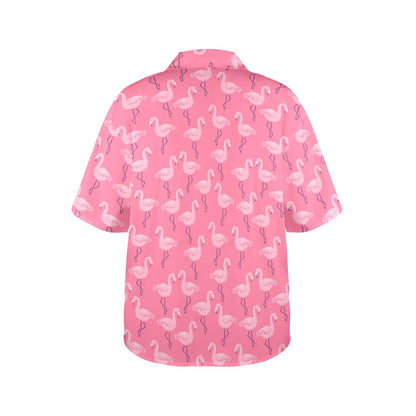 Pink Flamingo Women Hawaiian shirt, Tropical Print Vintage Retro Hawaii Button Up Down Plus Size Ladies Aloha Blouse - Starcove Fashion