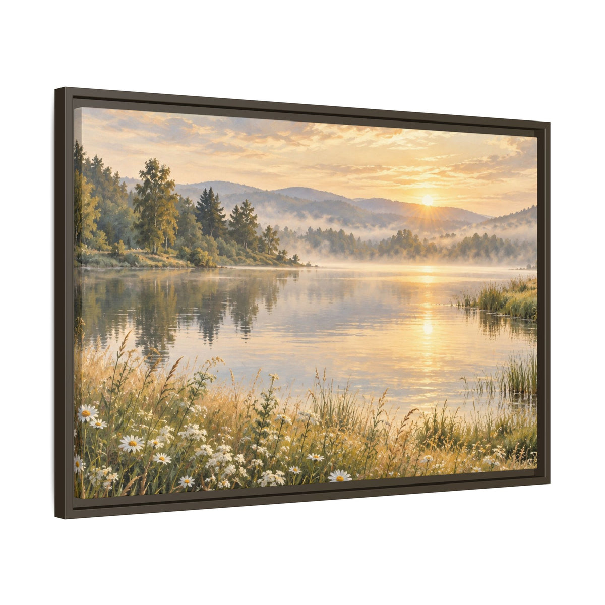 Misty Meadow Lake Wood Framed Canvas, Wildflower Farmhouse Wall Art Print Artwork Decor Small Large Hanging Matte Landscape Square Poster