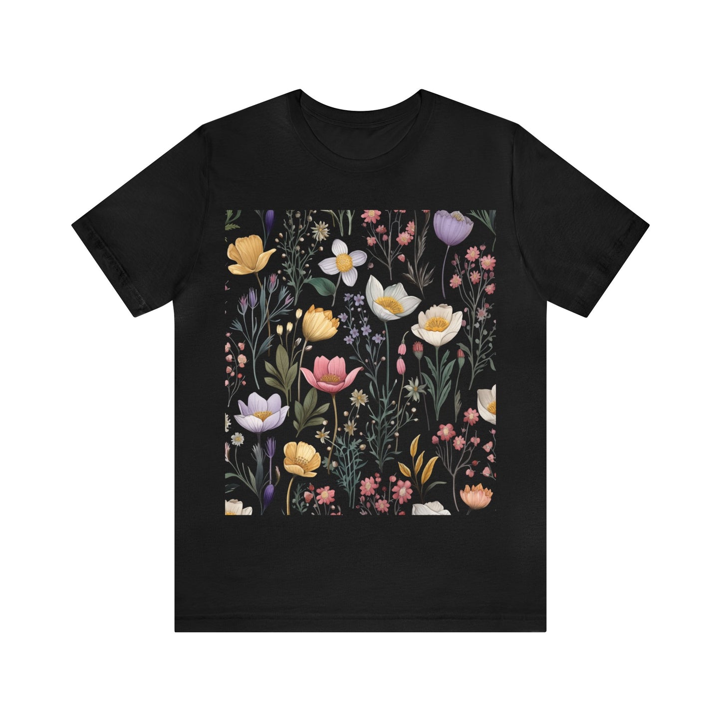 Wildflower Tshirt, Floral Flowers Cottagecore Botanical Plant Nature Black Designer Graphic Crewneck Men Women Tee Short Sleeve Shirt