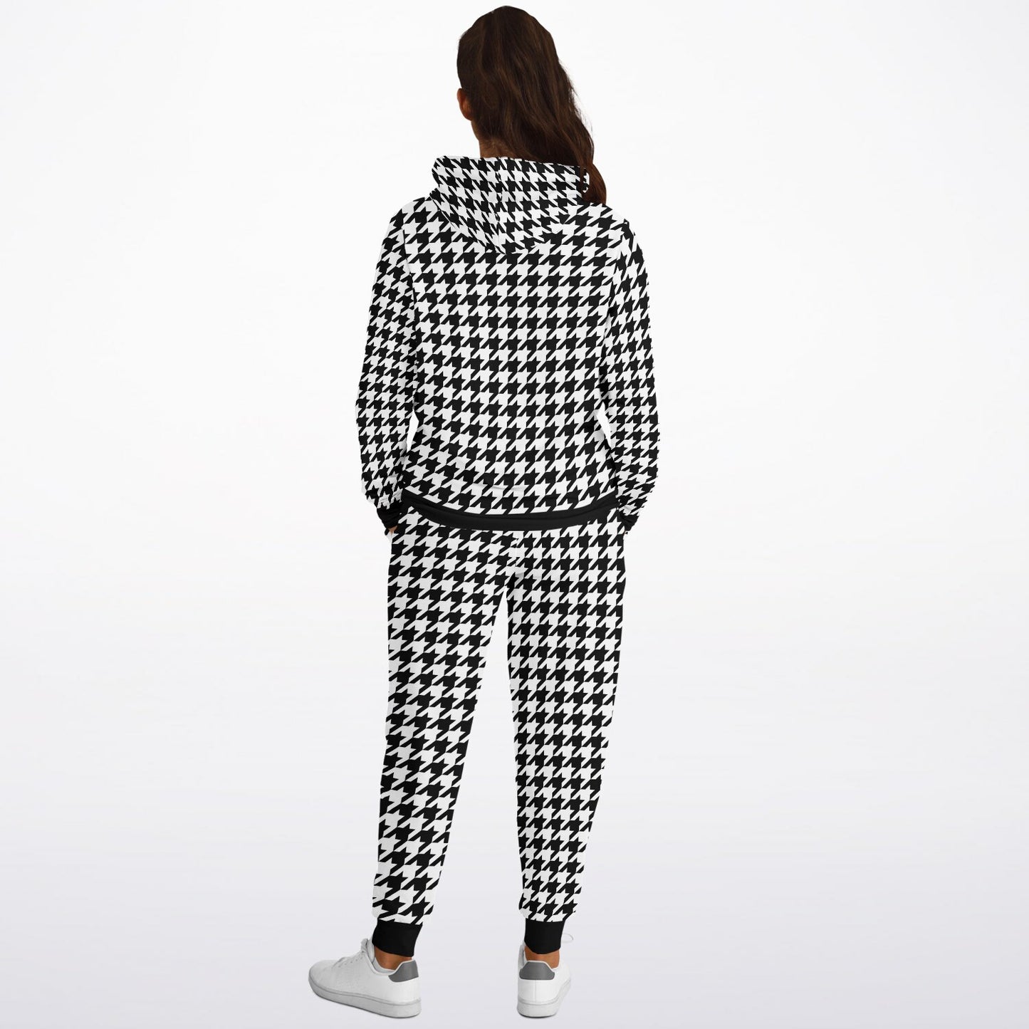 Houndstooth Hoodie Jogger Sweatsuit Set, Black White Lounge Hooded Sweatshirt Sweatpants Women Men Cotton Matching Plus Size Sweats