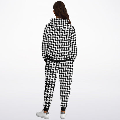 Houndstooth Hoodie Jogger Sweatsuit Set, Black White Lounge Hooded Sweatshirt Sweatpants Women Men Cotton Matching Plus Size Sweats