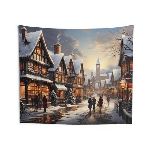 Christmas Village Tapestry, Snow Houses Xmas Wall Art Hanging Landscape Cool Unique Aesthetic Large Small Bedroom Dorm