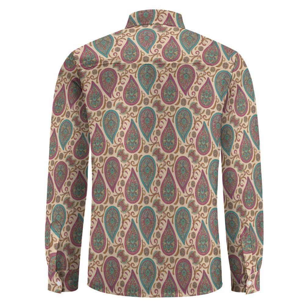 Paisley Long Sleeve Men Button Up Shirt, Vintage Retro Guys Male Print Buttoned Down Collared Graphic Casual Dress Plus Size Chest Pocket