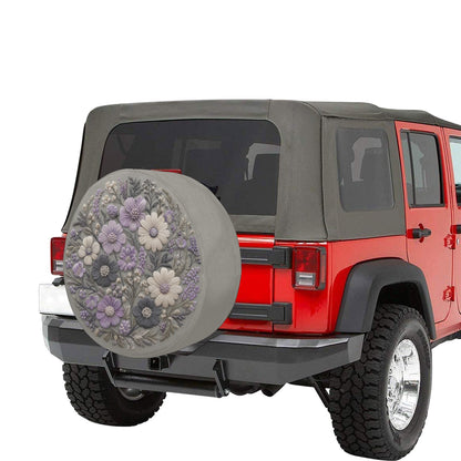 Wild Flowers Spare Tire Cover, Faux Embroidery Purple Lunar Grey Printed Grassy Botanicals Floral Wheel Backup Camera Hole Trailer Back RV - Starcove Fashion