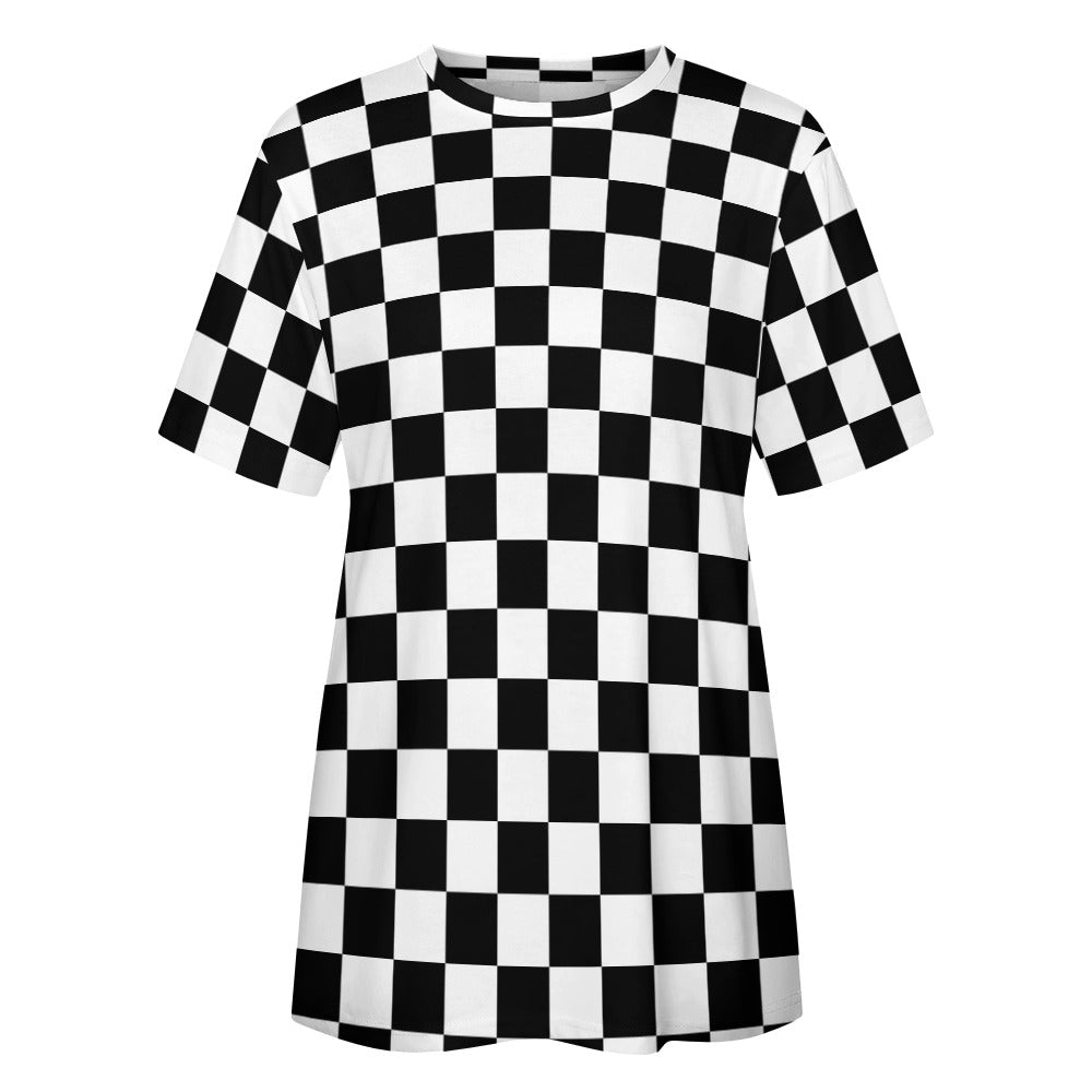 Checkered Women Cotton Tshirt, Black White Check Racing Ladies Female Designer Adult Graphic Aesthetic Fashion Fitted Crewneck Tee Shirt Top