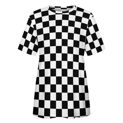 Checkered Women Cotton Tshirt, Black White Check Racing Ladies Female Designer Adult Graphic Aesthetic Fashion Fitted Crewneck Tee Shirt Top