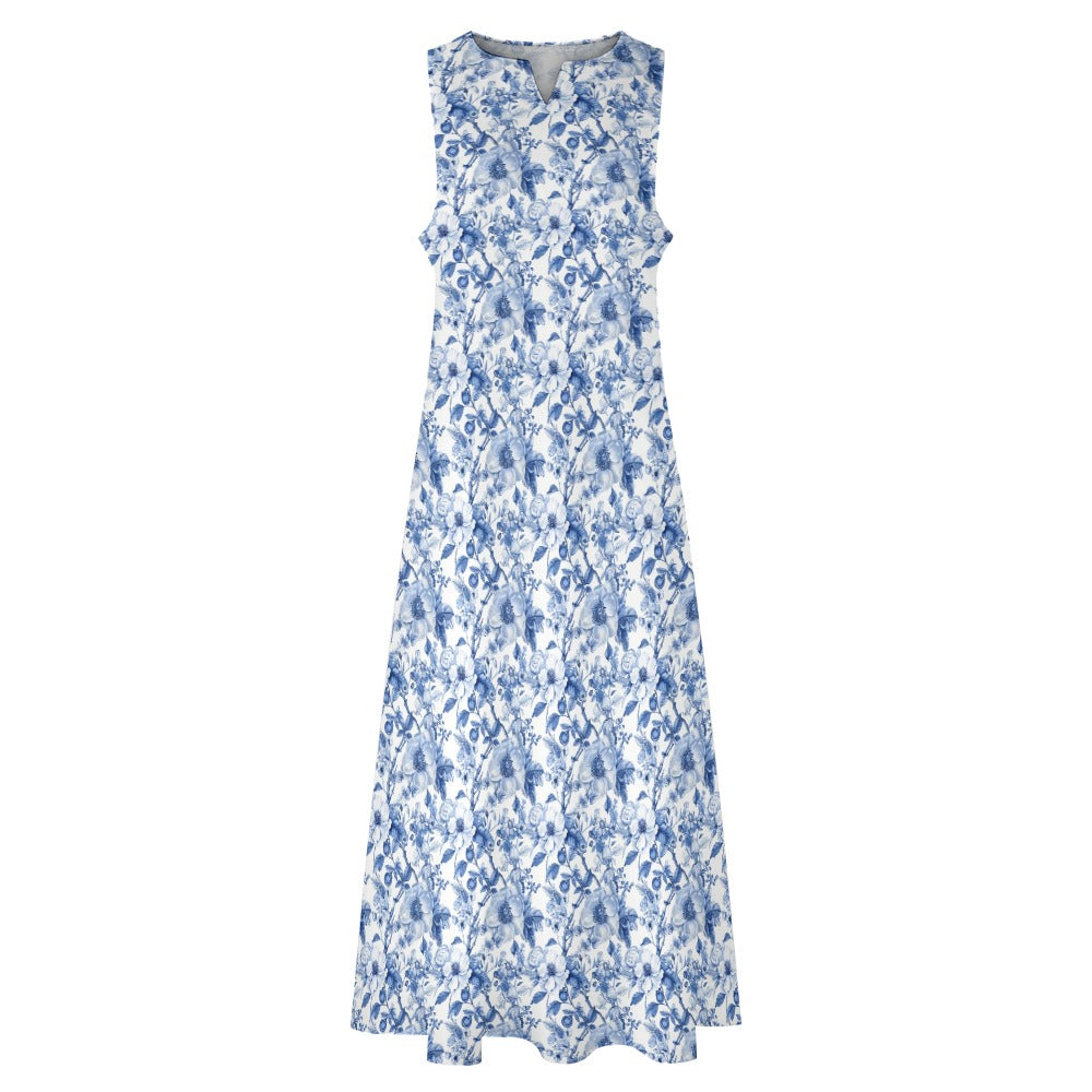 Blue White Floral Maxi Sleeveless Dress, Flowers Party Handmade A Line Women Ladies Cocktail Pockets Long Plus Size - Starcove Fashion