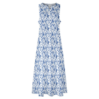 Blue White Floral Maxi Sleeveless Dress, Flowers Party Handmade A Line Women Ladies Cocktail Pockets Long Plus Size - Starcove Fashion