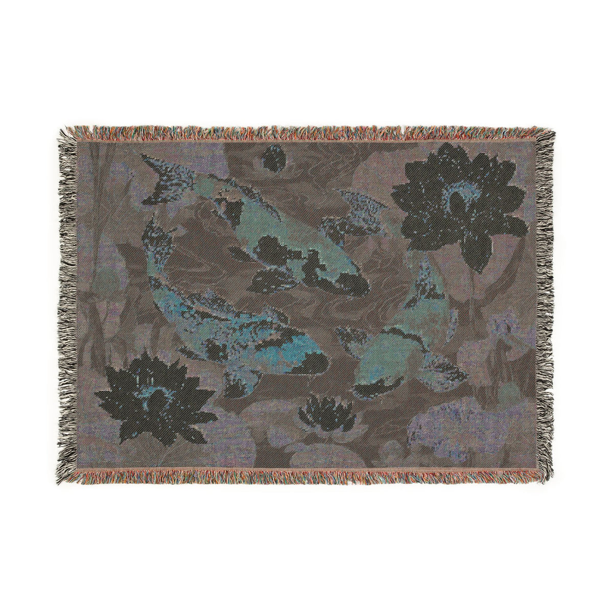 Koi Fish Woven Throw Blanket Tapestry, Japanese Lilly Pond Zen Cotton Fringe Cozy Warm Adult Kids Small Large Sofa Bed 50x60 Decorative
