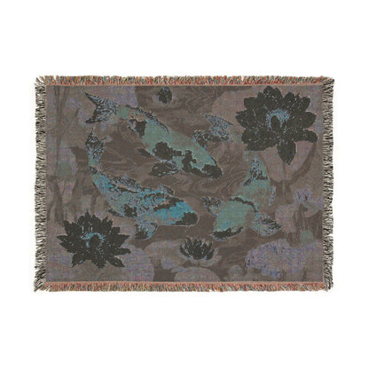 Koi Fish Woven Throw Blanket Tapestry, Japanese Lilly Pond Zen Cotton Fringe Cozy Warm Adult Kids Small Large Sofa Bed 50x60 Decorative