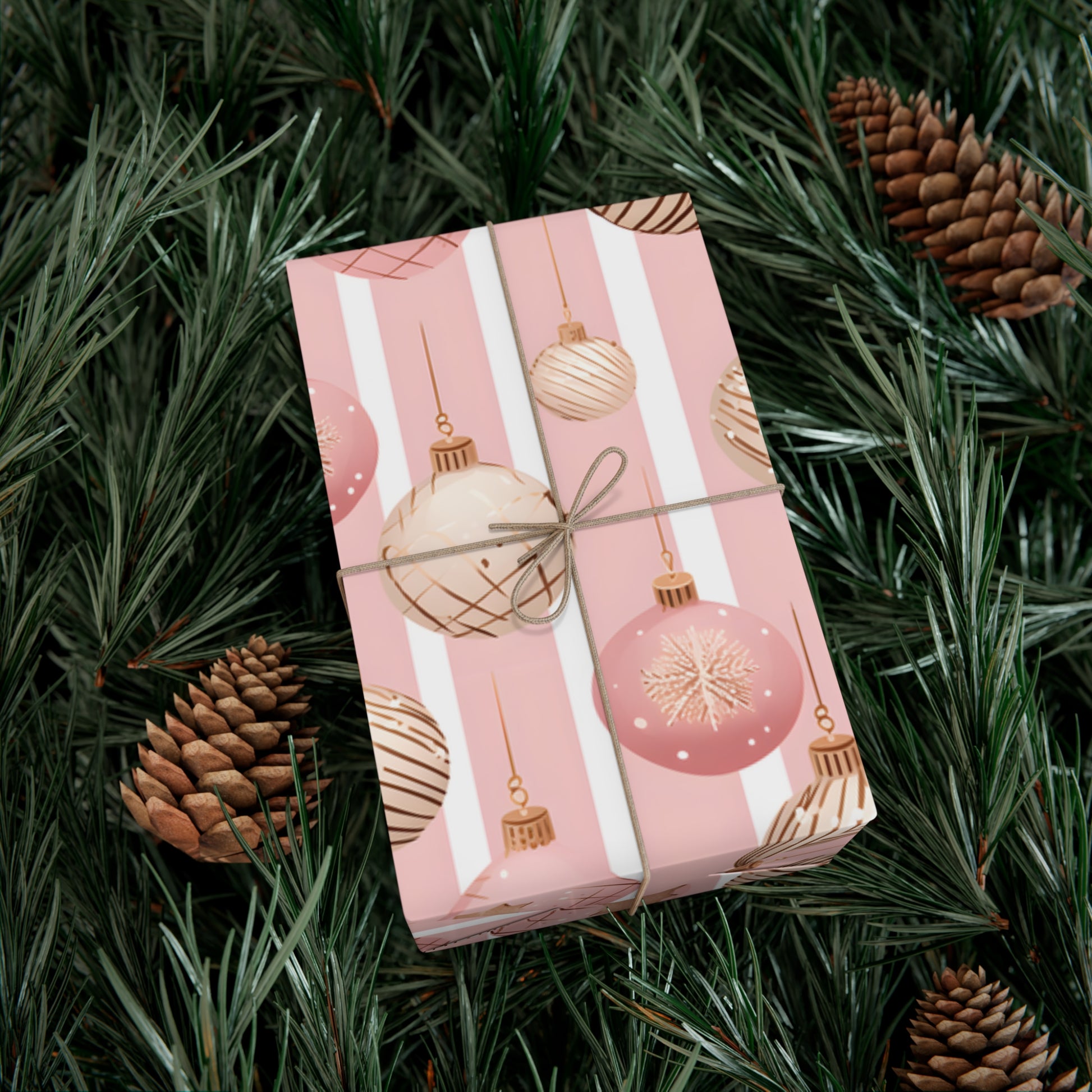 Pink Christmas Wrapping Paper, Ornaments Stripes Print Art Packing Hol –  Starcove Fashion