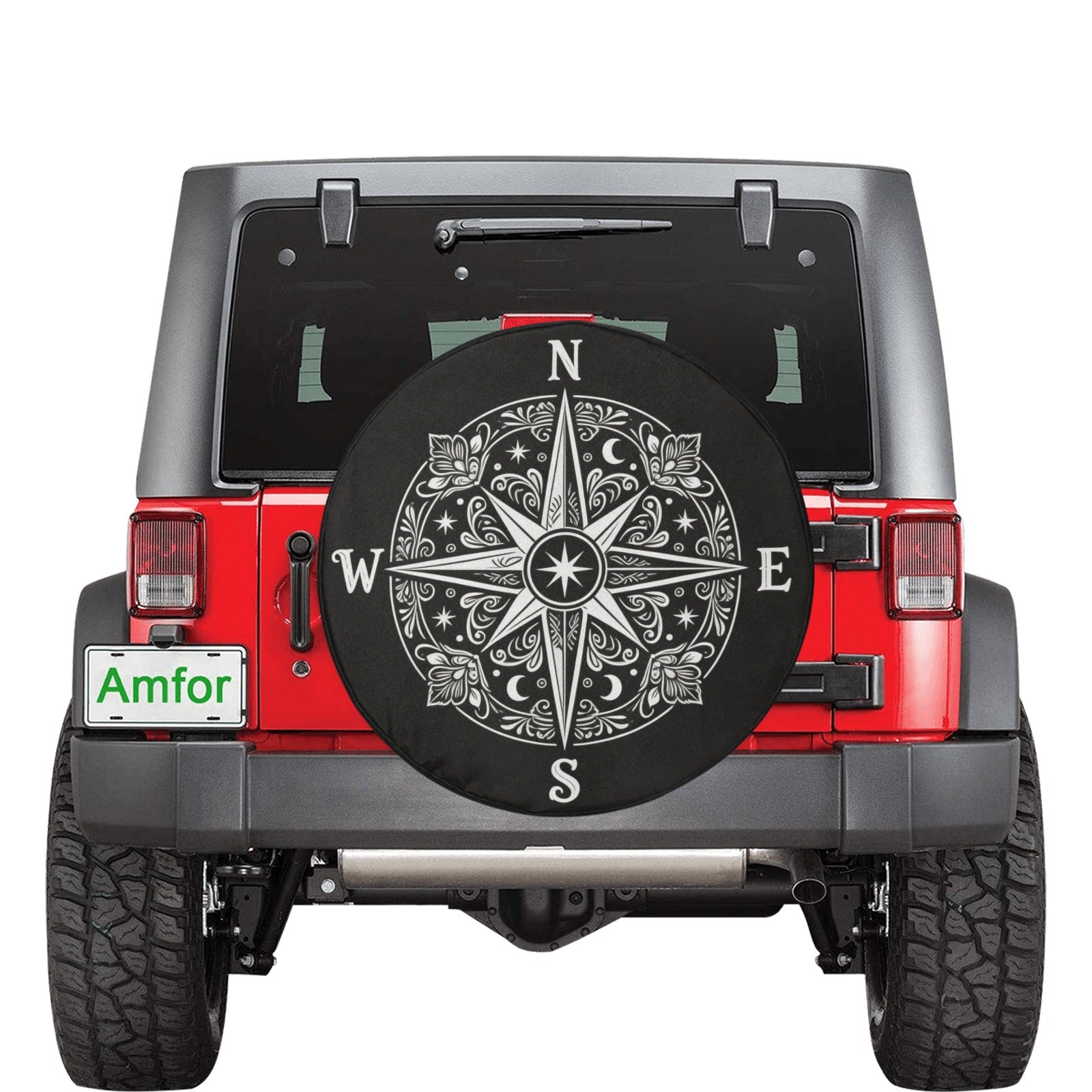 Boho Compass Rose Spare Tire Wheel Cover, Navigation Bohemian Black White Celestial Back Up Camera Hole Rear Back RV Car Camper Motorhome - Starcove Fashion