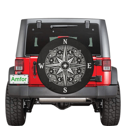 Boho Compass Rose Spare Tire Wheel Cover, Navigation Bohemian Black White Celestial Back Up Camera Hole Rear Back RV Car Camper Motorhome - Starcove Fashion