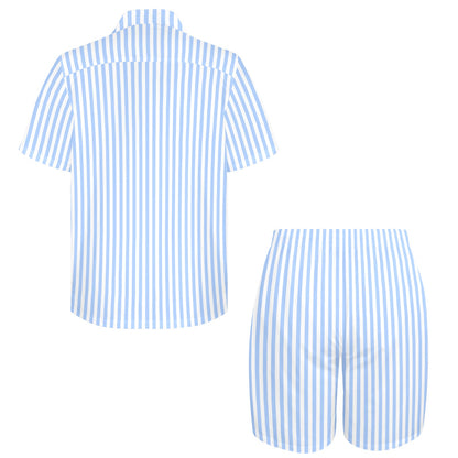 Light Blue Striped Shirt Shorts Outfit Set Men, White vertical Stripe Matching Hawaiian Beach Male Guys Summer Short Sleeve Button Up Down