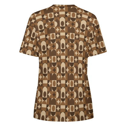 Mid Century Modern Women Cotton Tshirt, Brown Retro Vintage Ladies Female Designer Adult Graphic Aesthetic Fitted Crewneck Tee Shirt Top