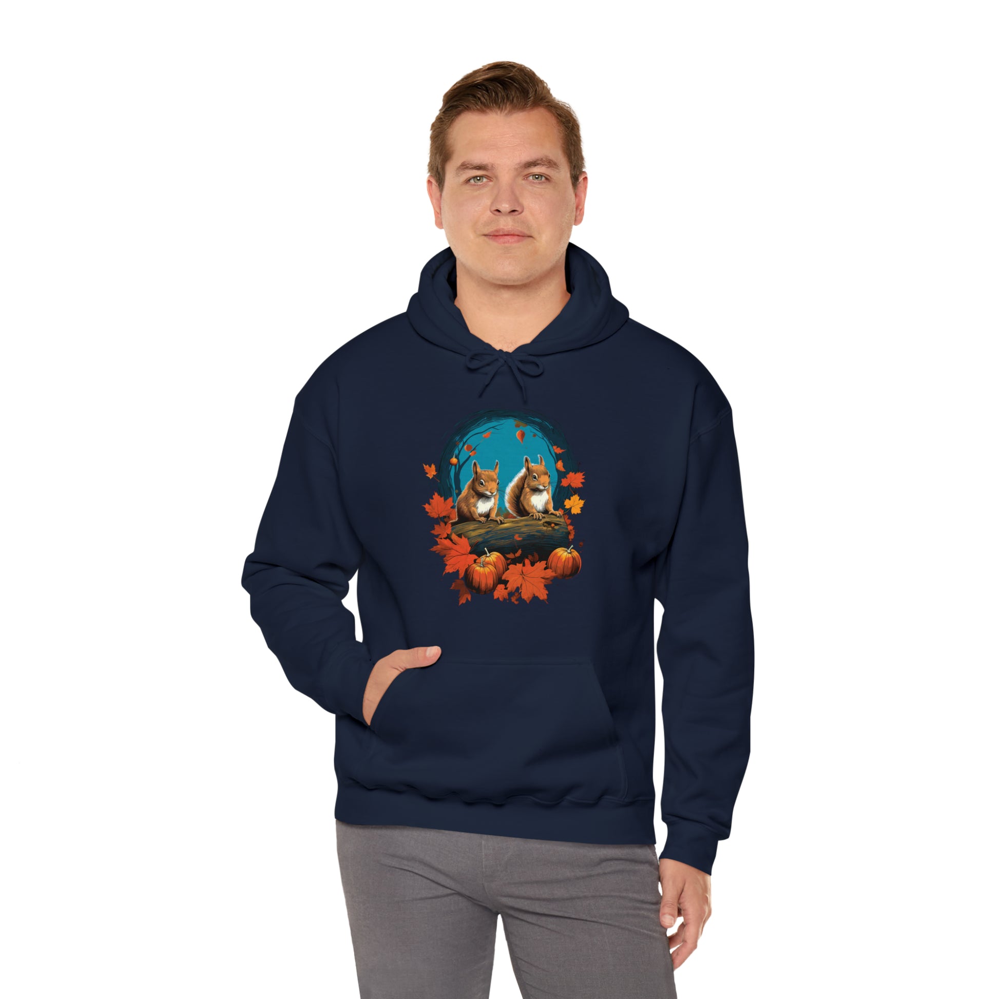 Squirrels Hoodie, Fall Autumn Leaves Pumpkins Animals Pullover Men Women Adult Aesthetic Graphic Cotton Hooded Sweatshirt Pockets Starcove Fashion