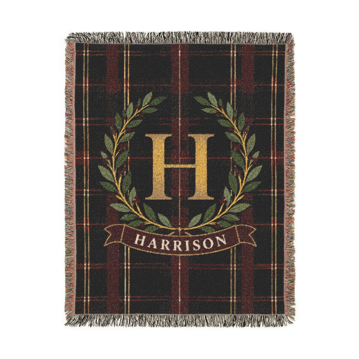 Custom Family Name Woven Throw Blanket Tapestry, Plaid Holiday Christmas Personalized Cotton Fringe Adult Kids Small Large Bed 50x60 Hanging