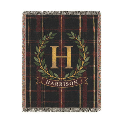 Custom Family Name Woven Throw Blanket Tapestry, Plaid Holiday Christmas Personalized Cotton Fringe Adult Kids Small Large Bed 50x60 Hanging