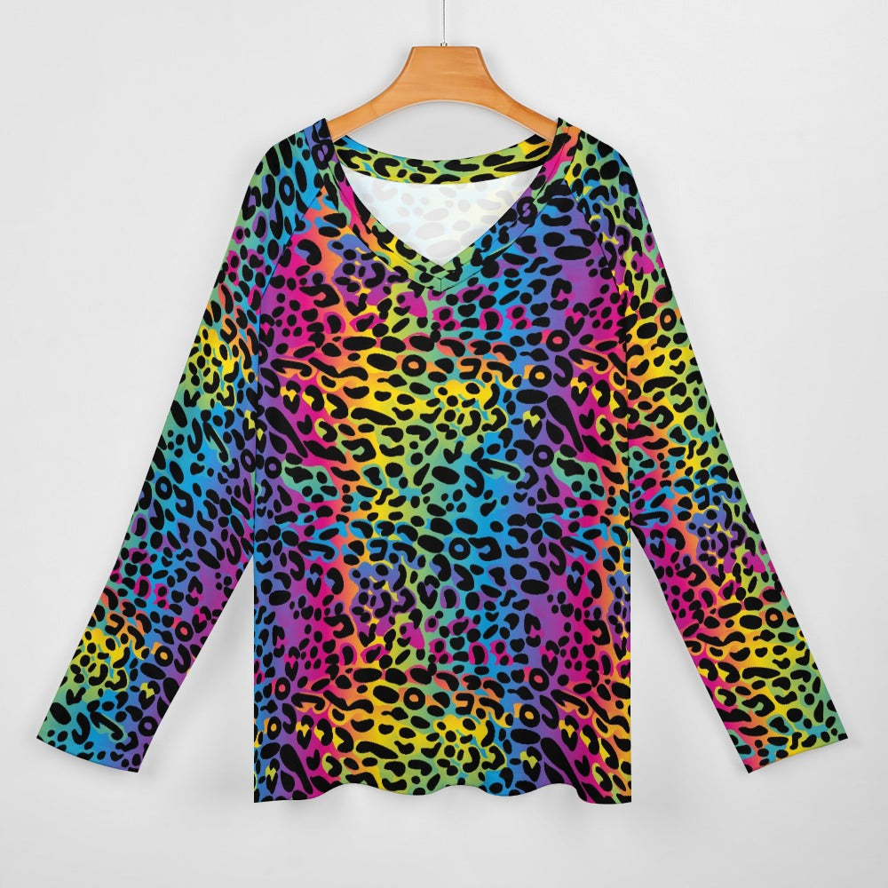 Rainbow Leopard Women Long Sleeve Tshirt loose fit, Animal Print Vibrant Relaxed V-neck Designer Aesthetic Ladies Female Tee Top Shirt - Starcove Fashion