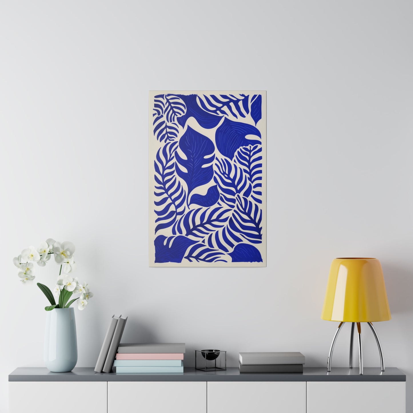 Royal Blue Abstract Canvas Art Gallery Wrap, Vines Cream Wall Print Painting Decor Small Large Hanging Modern Vertical Living Room