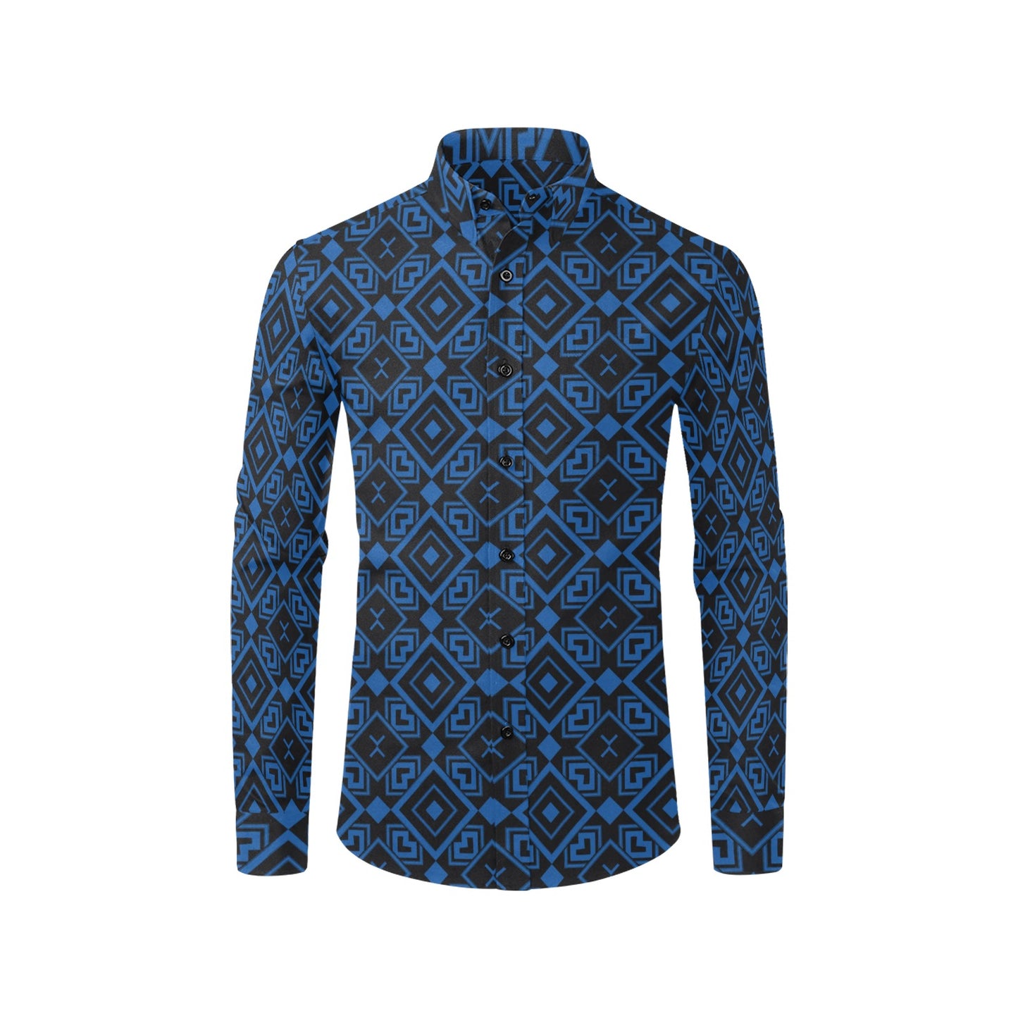 Black Blue Geometric Long Sleeve Men Button Up Shirt, Abstract Modern Print Casual Buttoned Collared Designer Dress Shirt Chest Pocket