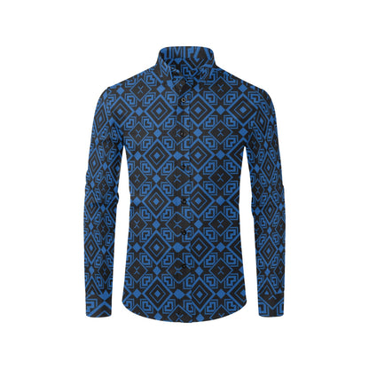 Black Blue Geometric Long Sleeve Men Button Up Shirt, Abstract Modern Print Casual Buttoned Collared Designer Dress Shirt Chest Pocket