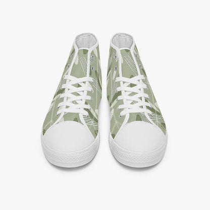 Sage Green High Top Shoes Sneakers, Minimalistic Boho Stripes Olive Men Women Lace Up Footwear Rave Canvas Streetwear Designer