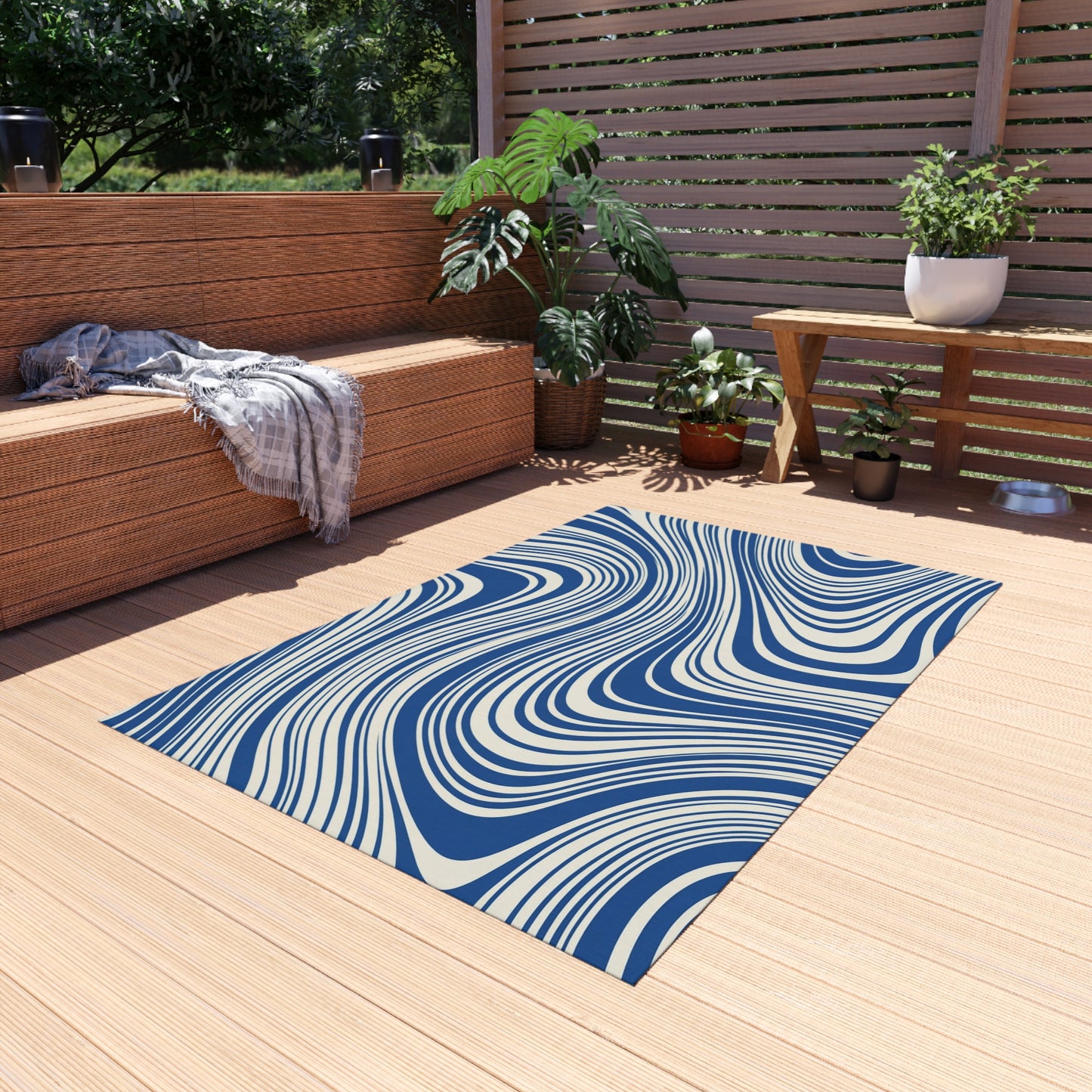 Blue Wavy Outdoor Area Rug, Geometric Modern Waterproof Patio Porch Exterior Durable Carpet Small Large 2x3 4x6 3x5 5x7 8x10 Camping Mat