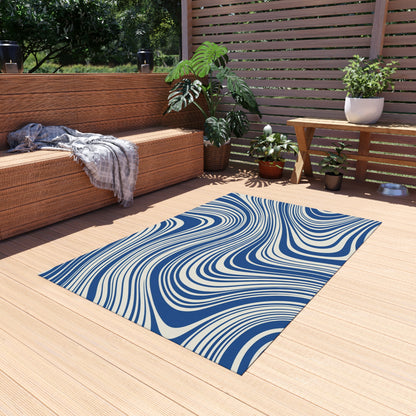 Blue Wavy Outdoor Area Rug, Geometric Modern Waterproof Patio Porch Exterior Durable Carpet Small Large 2x3 4x6 3x5 5x7 8x10 Camping Mat