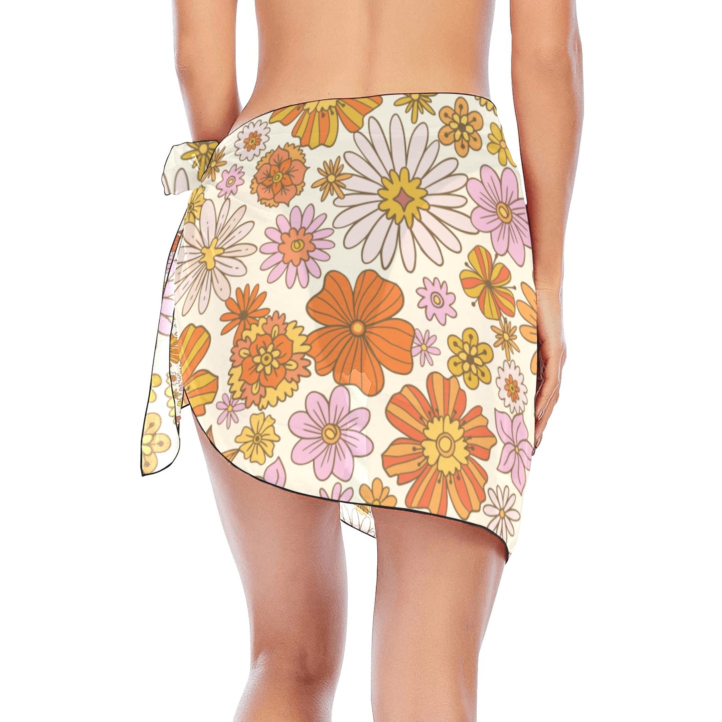Pink Floral Sarong Wrap Skirt, Orange Flowers Print Women Bikini Bottom Cover Up Beach Front Sexy Coverup Swimwear Side Tie Short Mini Swim - Starcove Fashion