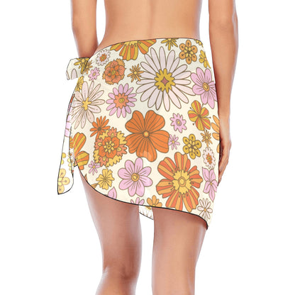 Pink Floral Sarong Wrap Skirt, Orange Flowers Print Women Bikini Bottom Cover Up Beach Front Sexy Coverup Swimwear Side Tie Short Mini Swim - Starcove Fashion