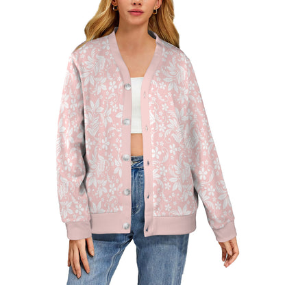 Pink Floral Cardigan Women, Flowers White Sweatshirt Sweater Long Sleeve Plus Size V Neck Lightweight Button Up Designer Ladies Top