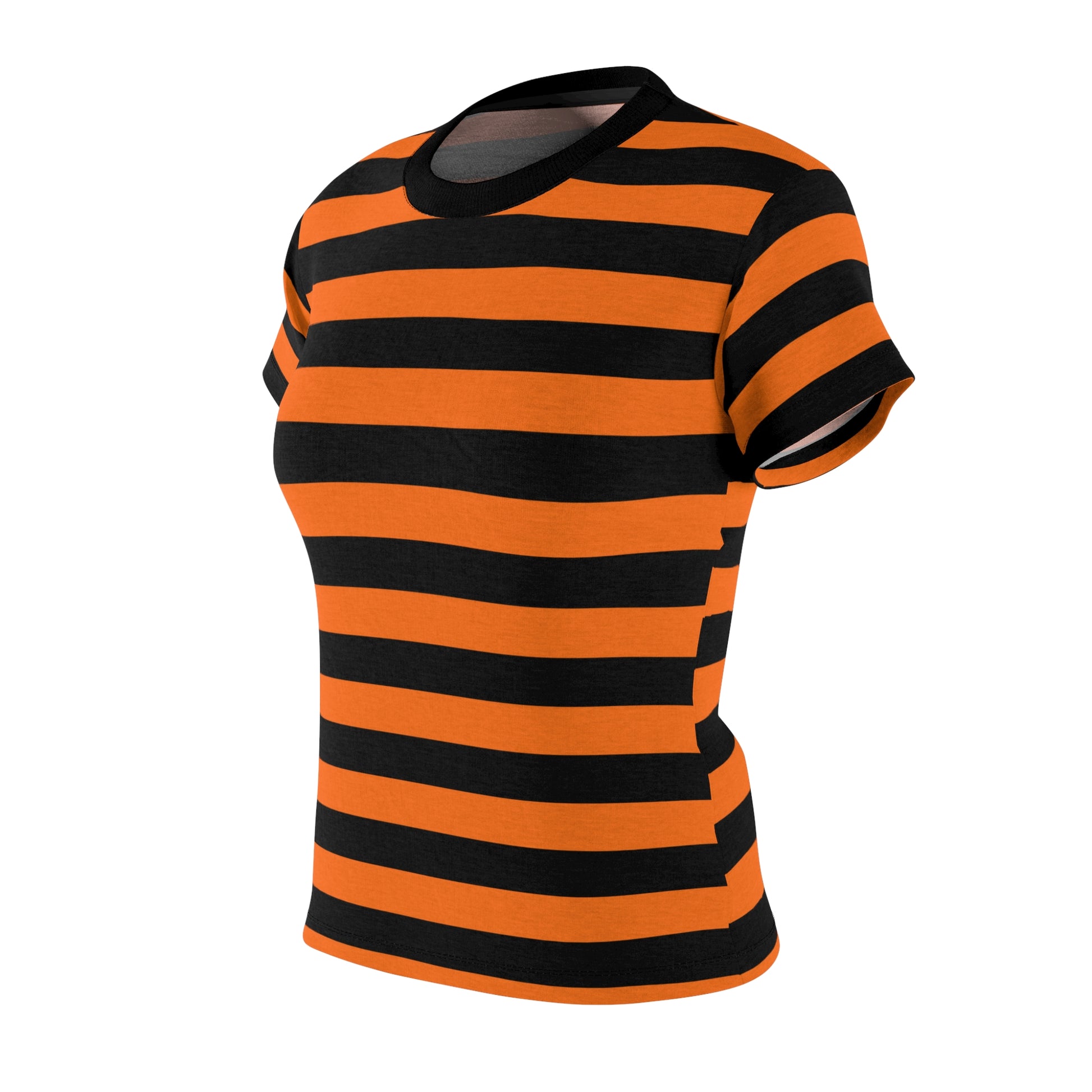 Black and Orange Striped Women Tshirt, Halloween Designer Adult Graphic Aesthetic Fashion Fitted Crewneck Tee Shirt Top Starcove Fashion