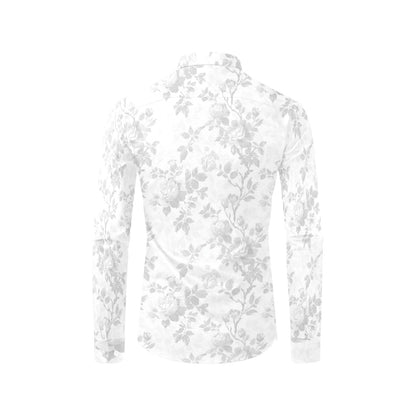 White Floral Long Sleeve Men Button Up Shirt, Monochrome Botanical Artistic Flowers Summer Print Dress Buttoned Collar Casual Male Guy Shirt - Starcove Fashion