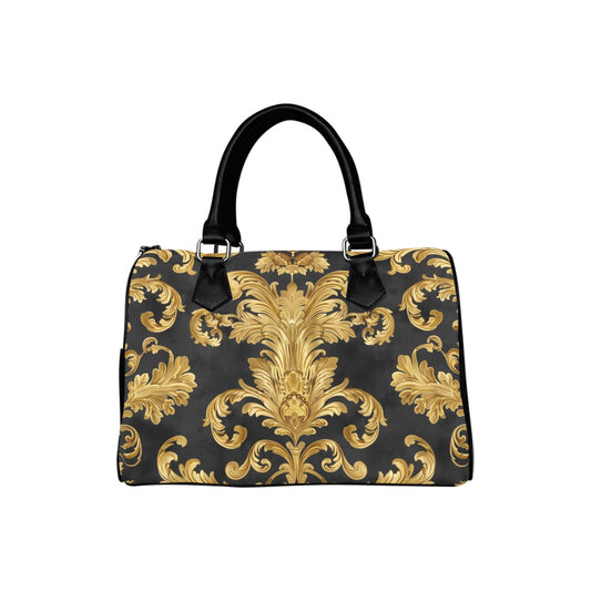 Baroque Handbag, Luxury Vintage Gold Black Abstract Print Canvas and Leather Top Handle Barrel Boston Designer Women Ladies Purse Bag
