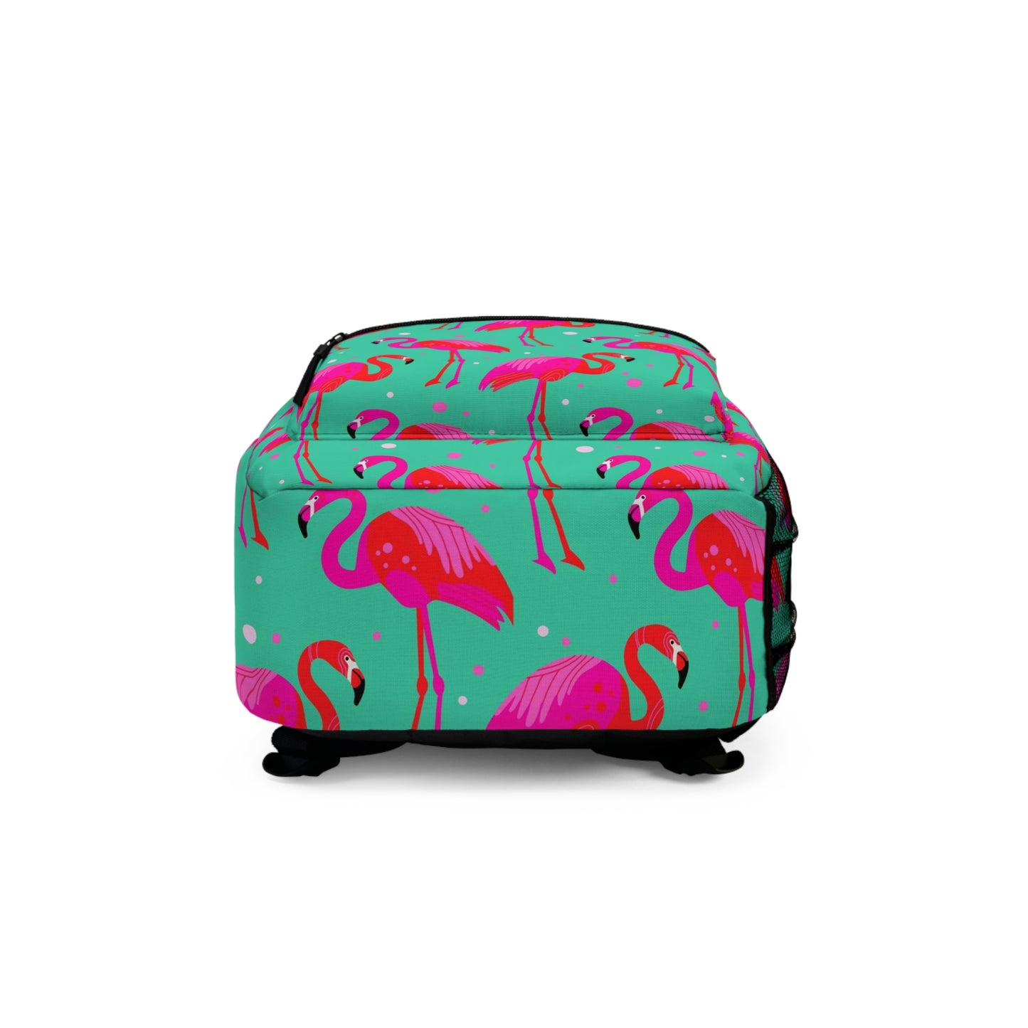 Pink Flamingo Backpack, Green Men Women Kids Gift Him Her School College Waterproof Side Pockets Aesthetic Bag