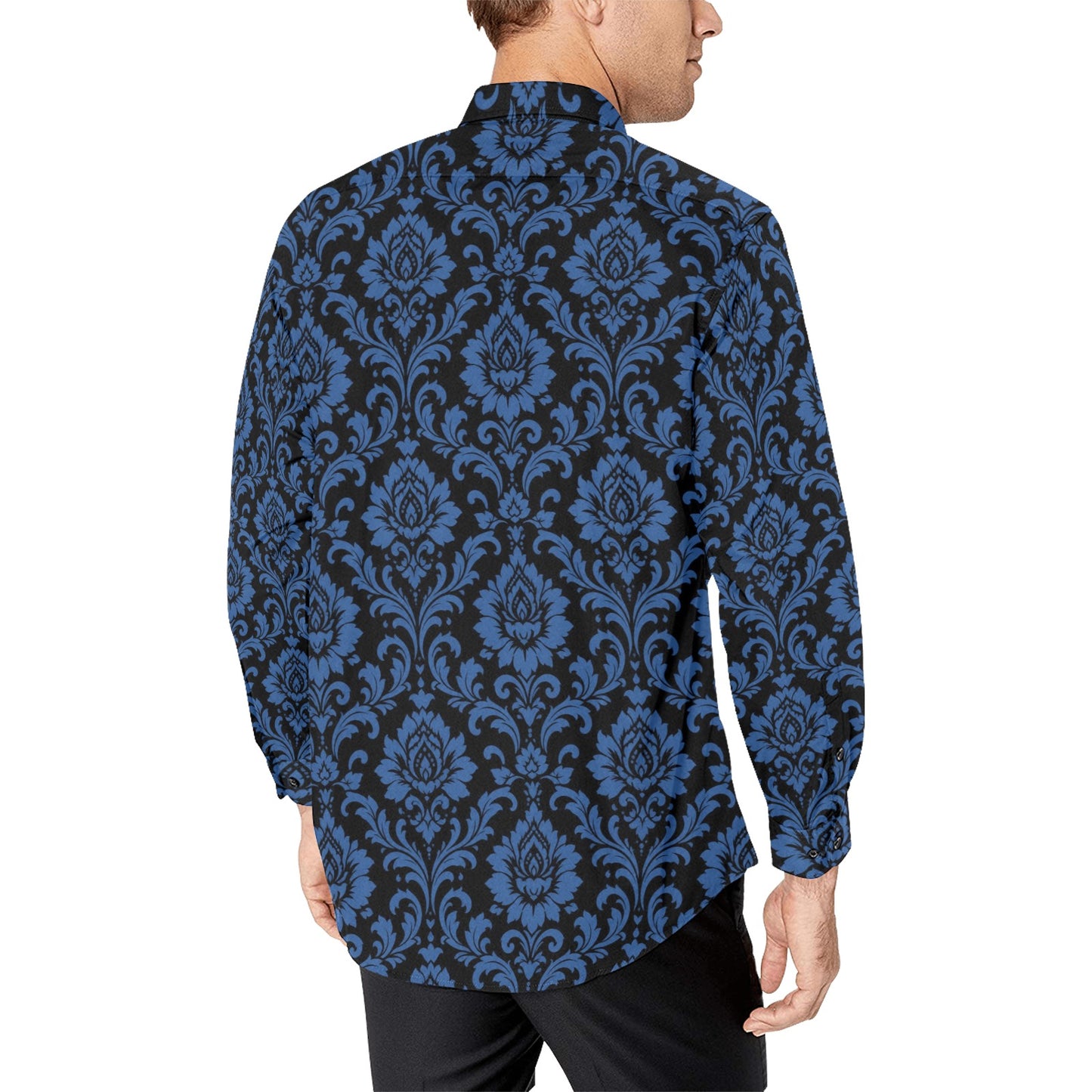 Black Blue Floral Long Sleeve Men Button Up Shirt, Damask Flowers Print Casual Buttoned Collared Designer Dress Shirt Chest Pocket Male