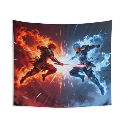 Anime Tapestry, Warriors Fire Ice Battle Wall Art Hanging Cool Unique Landscape Large Small Decor Bedroom College Dorm Room