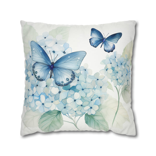 Blue Hydrangea Butterfly Pillow Cover, Floral Flowers Watercolor Square Throw Decorative Cover Room Couch Cushion 20 x 20 Zipper Sofa