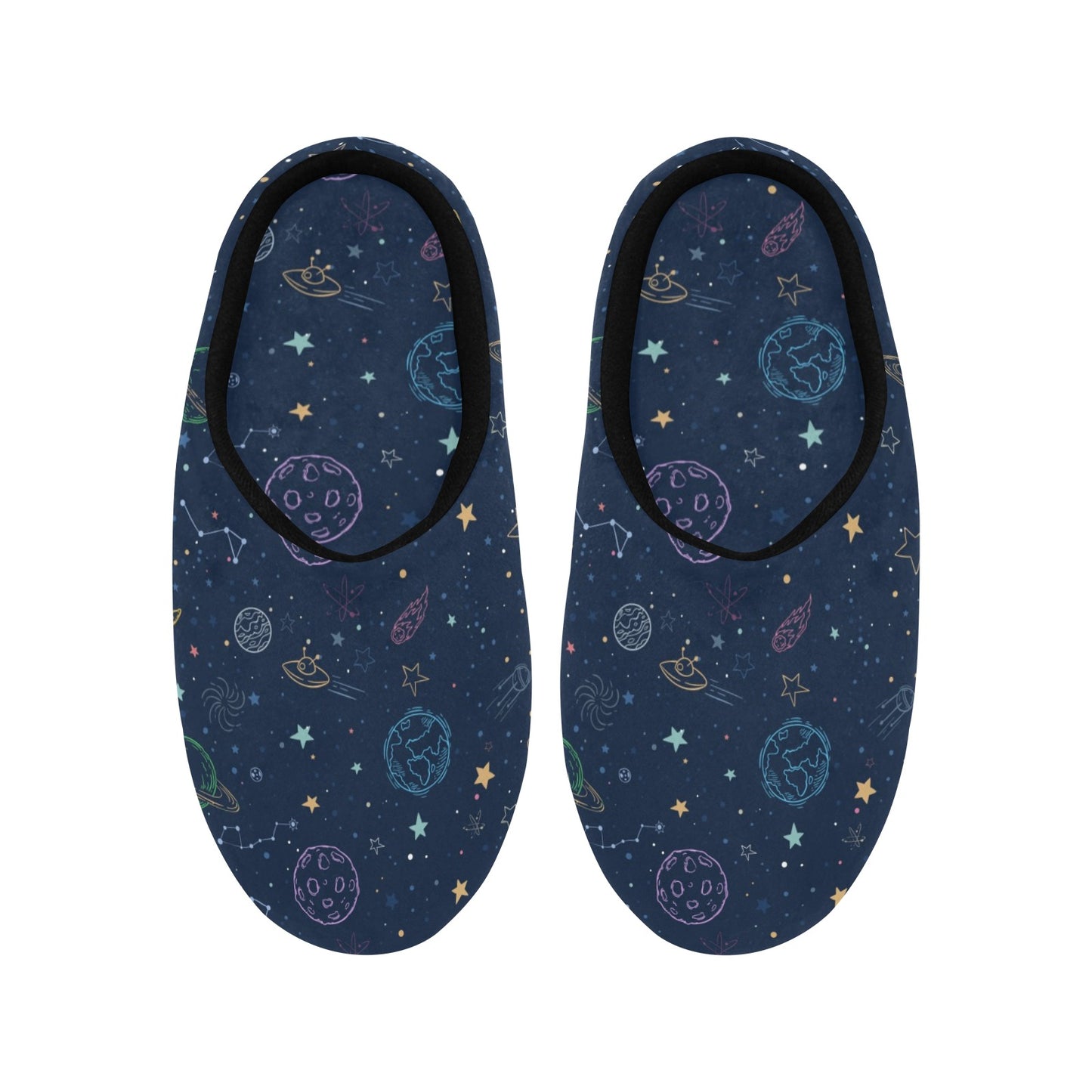 Space Women's Slippers, Galaxy Stars Asteroids Planets Ladies House Slide Handmade Bedroom Warm Winter Cozy Designer Slip On Cotton Shoes