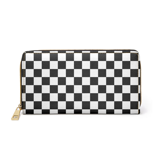 Checkered Leather Wallet Women, Black White Check Vegan Zipper Zip Around Coins Credit Cards Pocket Cash Ladies Pouch Slim Clutch Purse