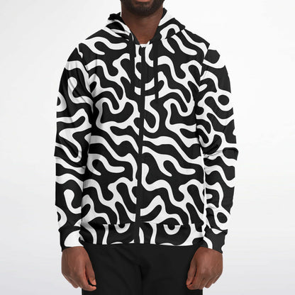 Black White Zip Up Hoodie, Trippy Psychedelic Wavy Groovy Funky Full Zipper Pocket Men Women Unisex Adult Cotton Fleece Hooded Sweatshirt