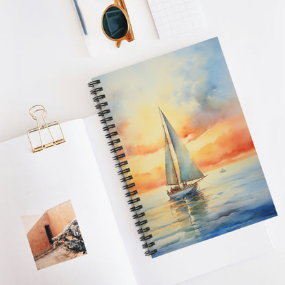 Sunset Sailing Spiral Notebook, Sail Boat Ocean Sea Travel Design Small Journal Notepad Ruled Line Book Paper Pad Work Aesthetic Gift