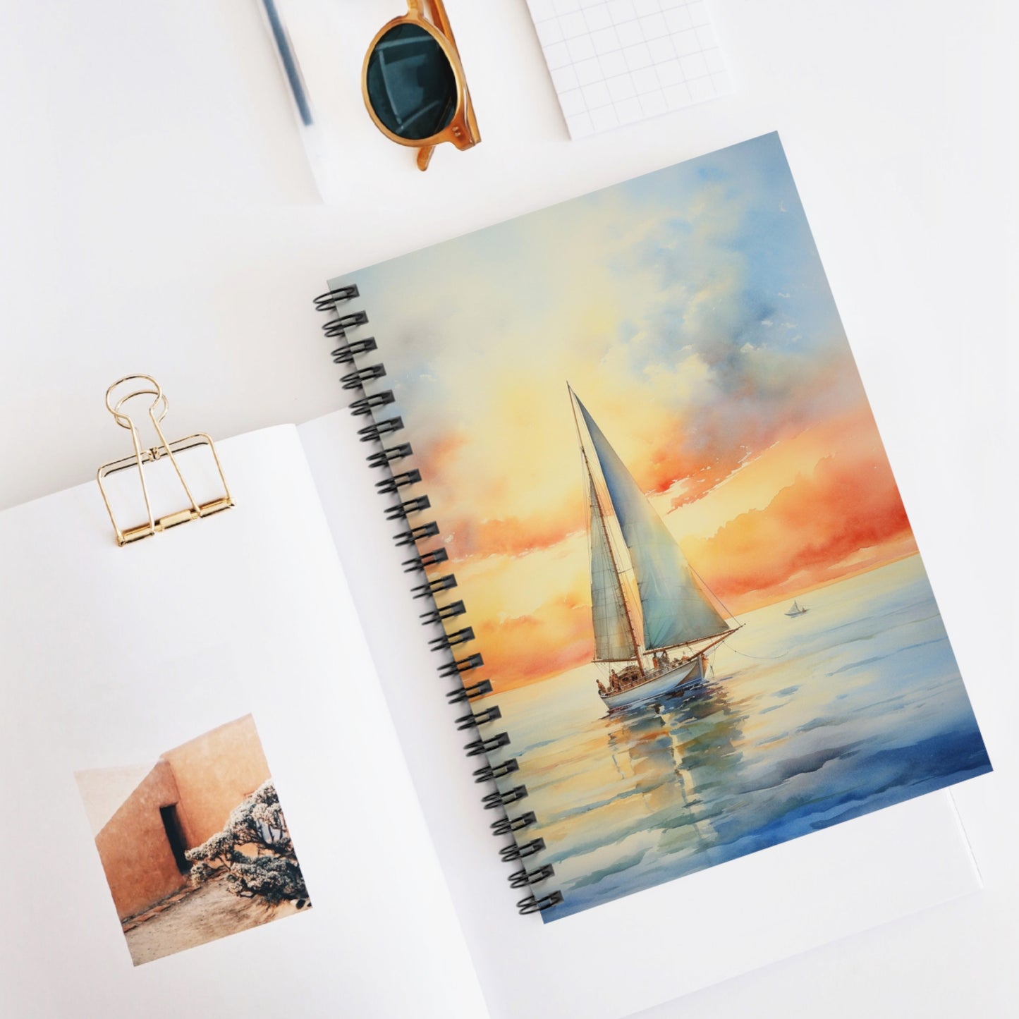 Sunset Sailing Spiral Notebook, Sail Boat Ocean Sea Travel Design Small Journal Notepad Ruled Line Book Paper Pad Work Aesthetic Gift Starcove Fashion