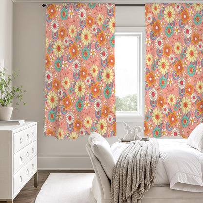 Pink Floral Window Curtain, Groovy Flowers Retro Kitchen Living Room Bedroom Bathroom Fabric Rod Pocket Decor Housewarming Home 63 Inch