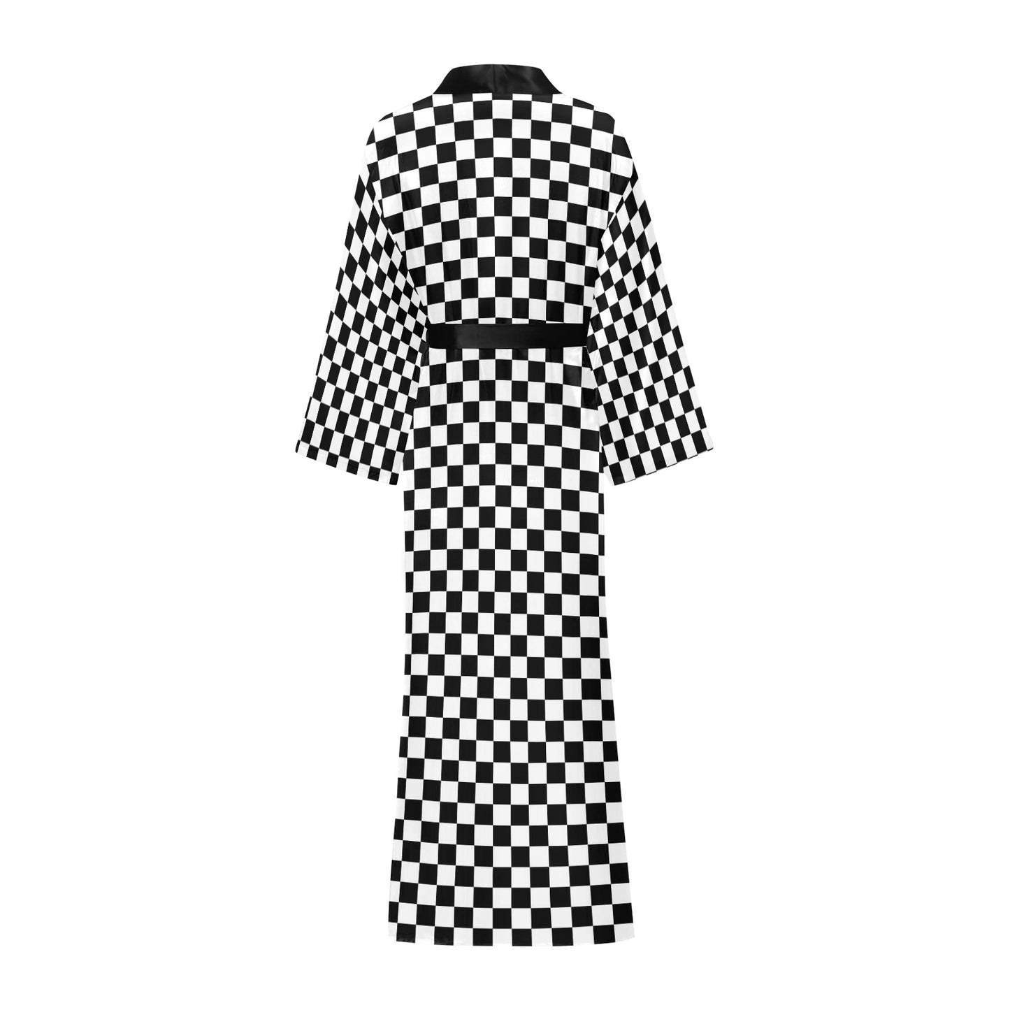 Checkered Kimono Robe, Black White Check Racing Flag Japanese Chinese Women Ladies Long Lounge Sleepwear Bathrobe Pajamas