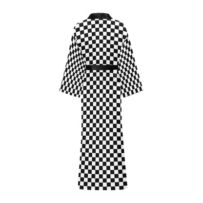 Checkered Kimono Robe, Black White Check Racing Flag Japanese Chinese Women Ladies Long Lounge Sleepwear Bathrobe Pajamas