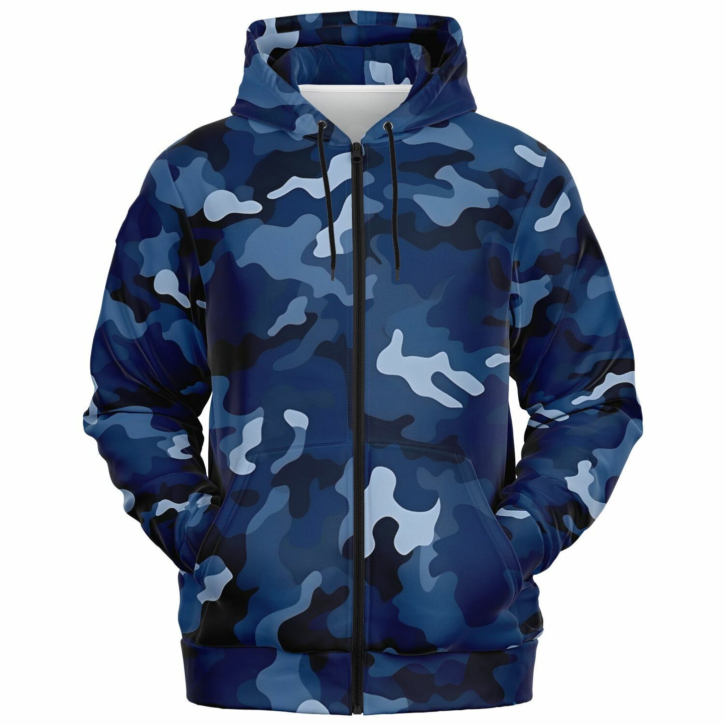 Navy Blue Camo Zip Up Hoodie, Camouflage Full Zipper Pocket Men Women Unisex Adult Aesthetic Graphic Cotton Fleece Hooded Sweatshirt
