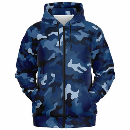 Navy Blue Camo Zip Up Hoodie, Camouflage Full Zipper Pocket Men Women Unisex Adult Aesthetic Graphic Cotton Fleece Hooded Sweatshirt