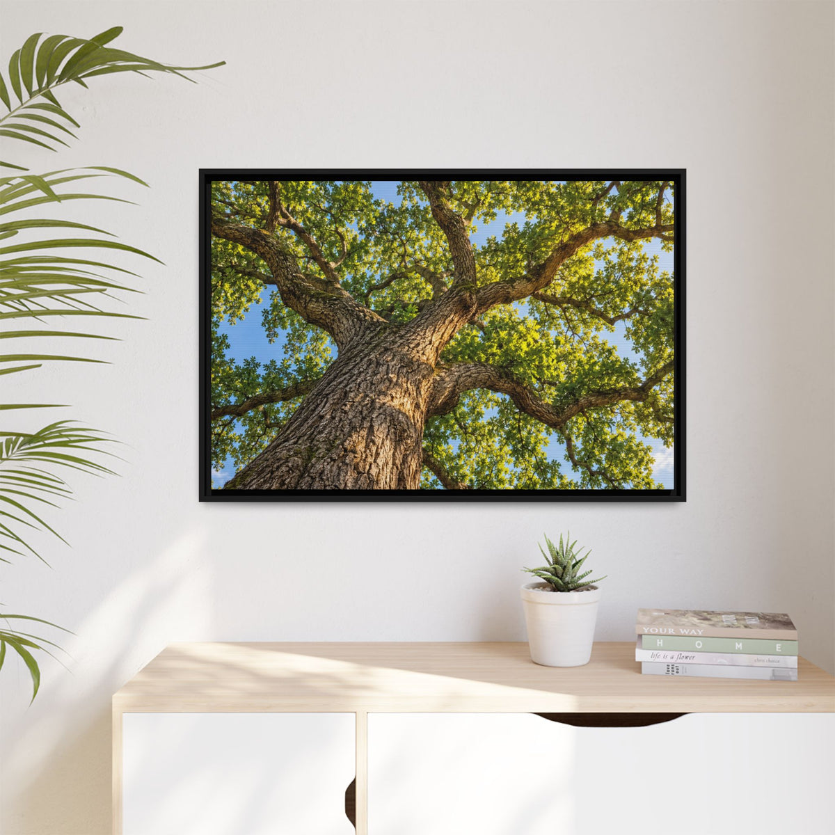 Oak Tree Canopy Canvas Wood Framed, Green Foliage Sunlit Woodland Wall Art Print Artwork Decor Small Large Hanging Matte Modern Landscape
